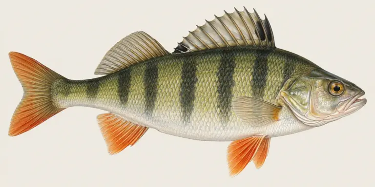 Naturkundetafel eines Flussbarsches mit Streifenmuster und Stachelflosse