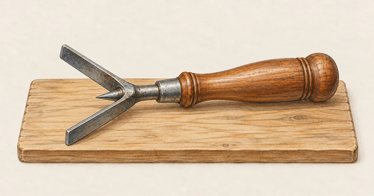 Aaltöter mit V-förmigem Fuß und Dorn auf einem Holzbrett