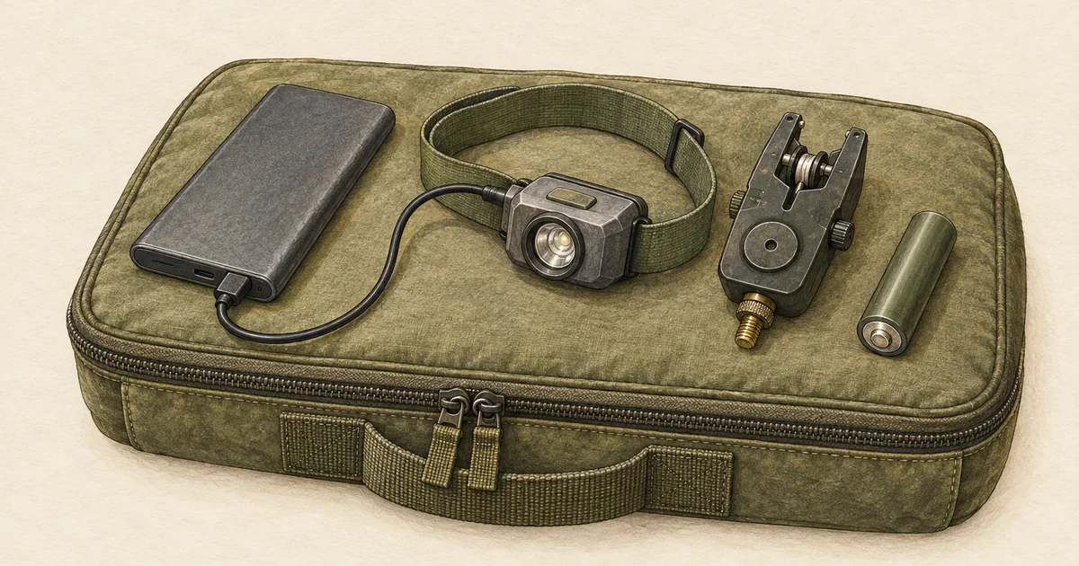 Powerbank mit Kabel zur Kopflampe, daneben Bissanzeiger und Ersatzakku