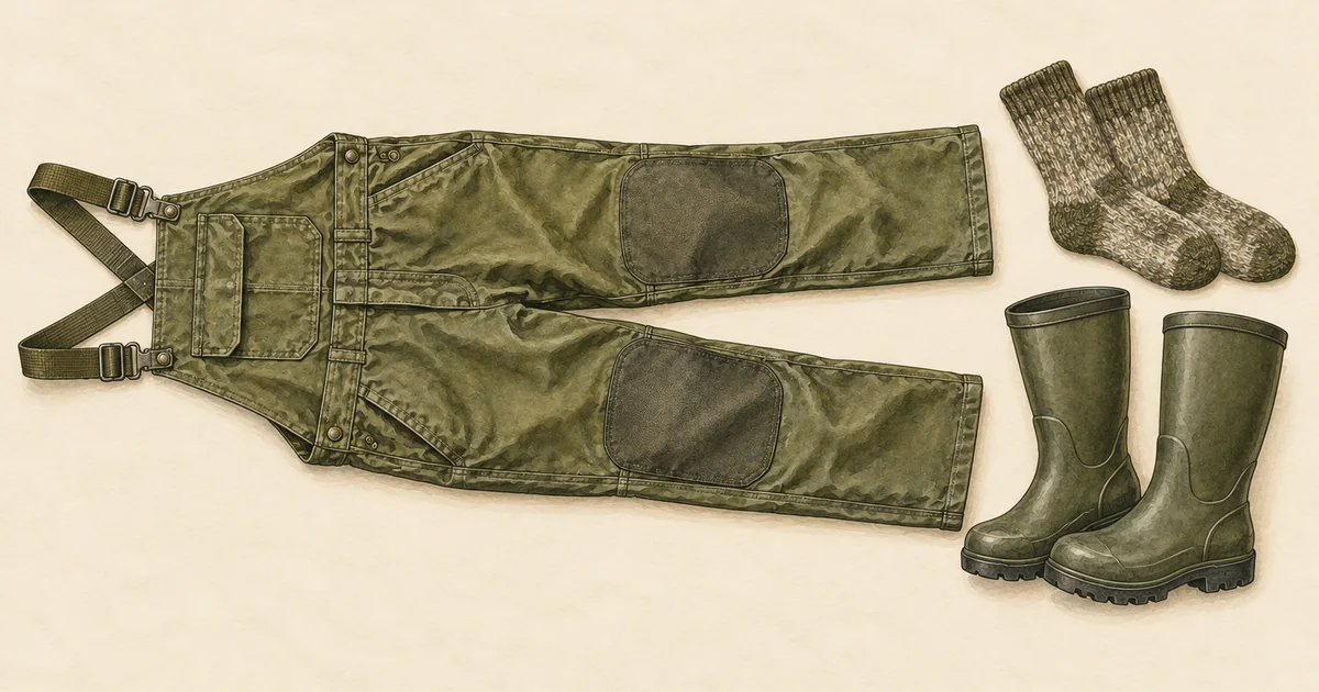 Olivgrüne Latzhose mit verstärkten Knien, Wollsocken und Gummistiefel