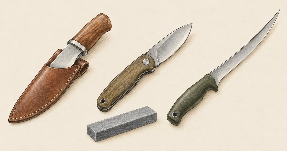 Feststehendes Messer mit Scheide, Klappmesser, Filetiermesser und Schleifstein