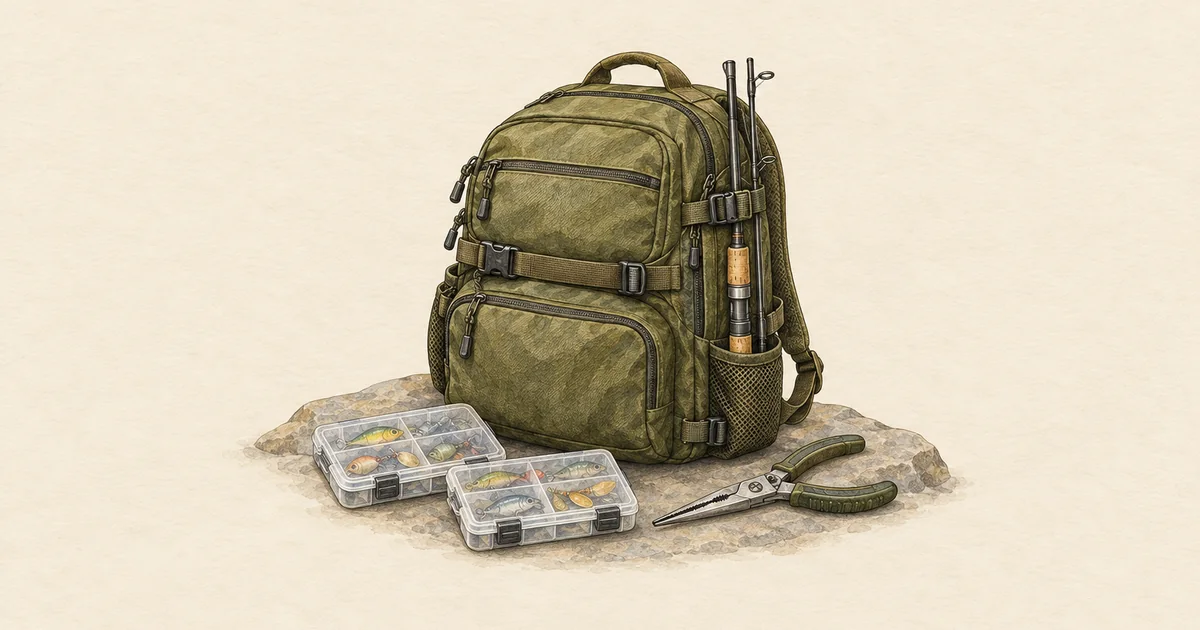 Angelrucksack mit seitlich befestigter Rute, davor Köderboxen und Zange