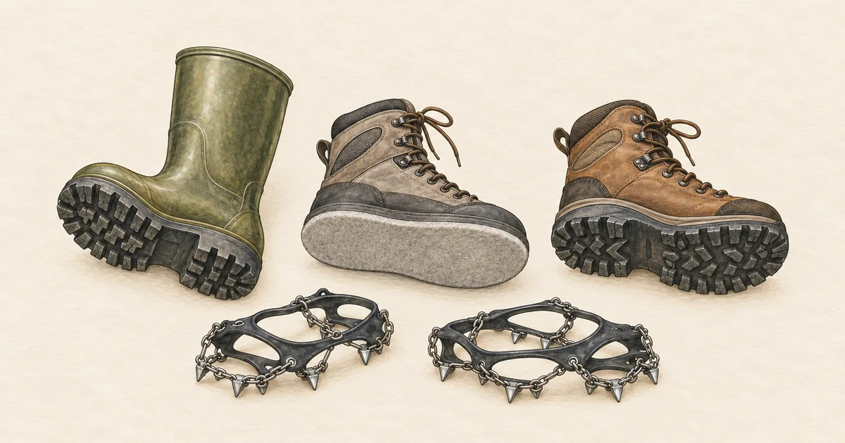 Gummistiefel, Watschuh mit Filzsohle und Wanderschuh mit sichtbaren Sohlen