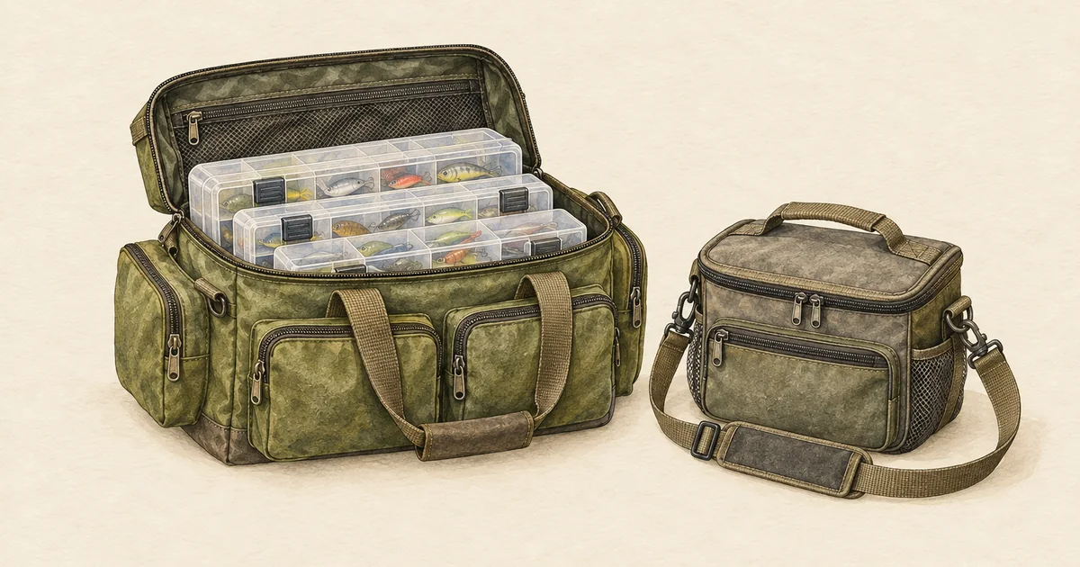 Große Angeltasche mit Köderboxen und eine kleine Schultertasche