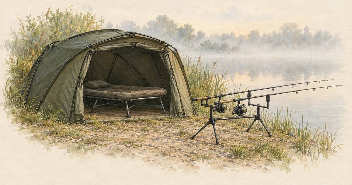 Karpfenzelt mit offener Front am Seeufer, davor zwei Ruten auf dem Rod Pod