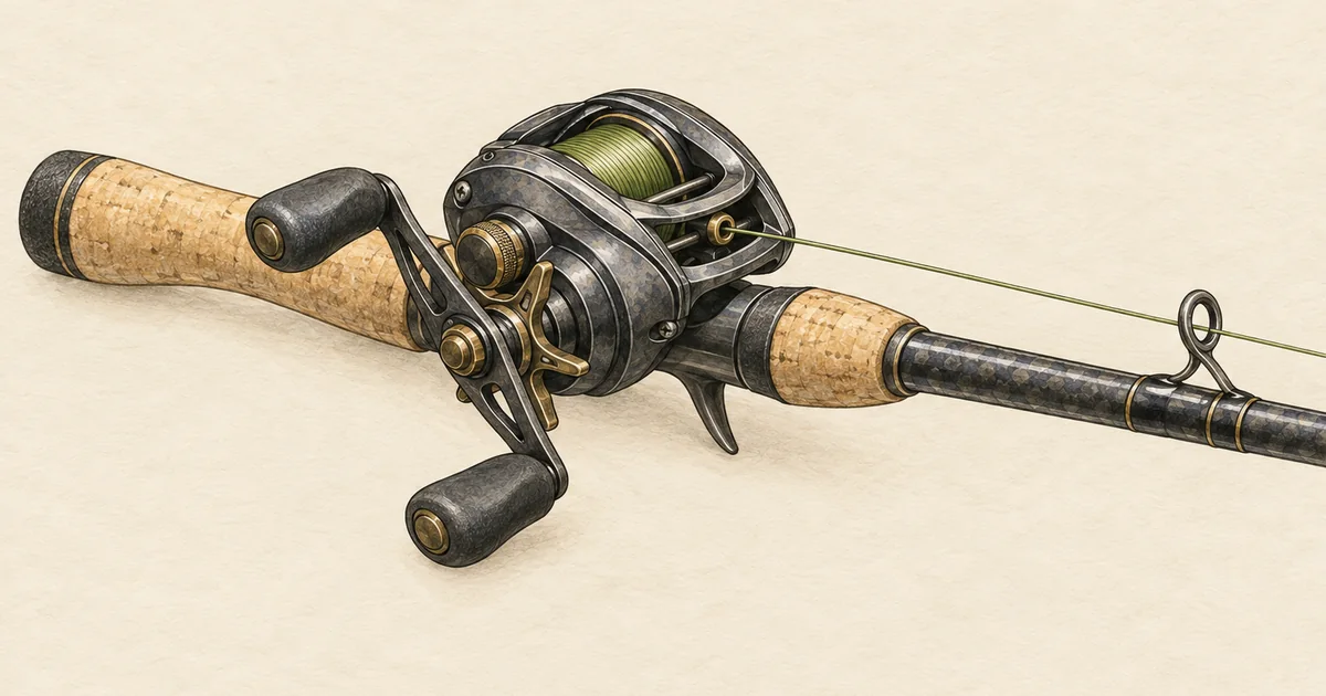 Baitcaster-Rolle oben auf einer Rute mit Triggergriff