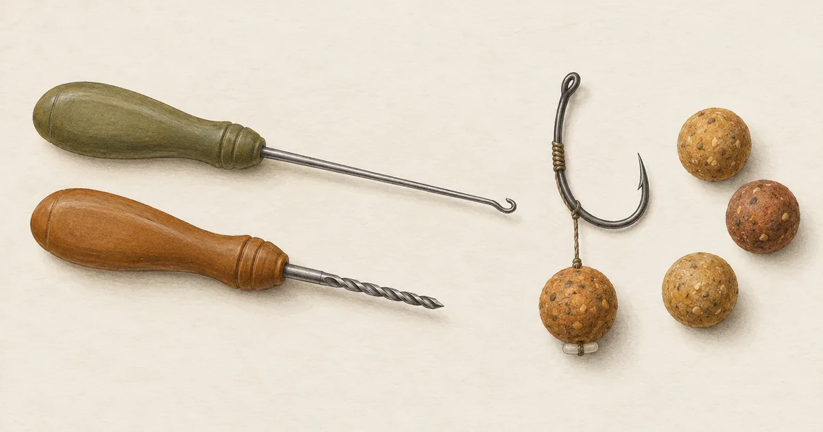 Boilienadel, Bohrer und ein Haken mit Boilie am Haar
