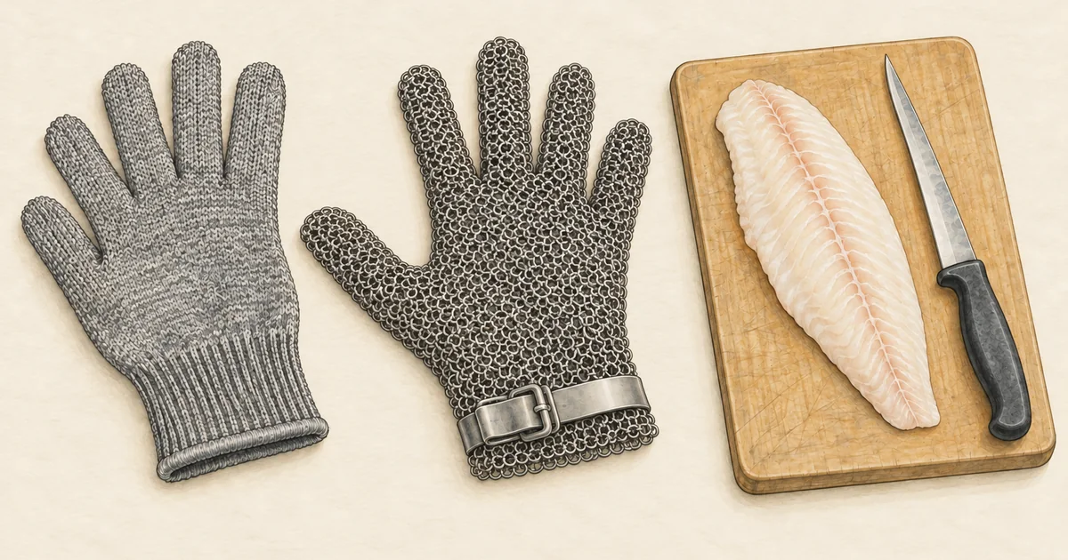 Schnittschutzhandschuh und Kettenhandschuh neben Filetiermesser und Filet
