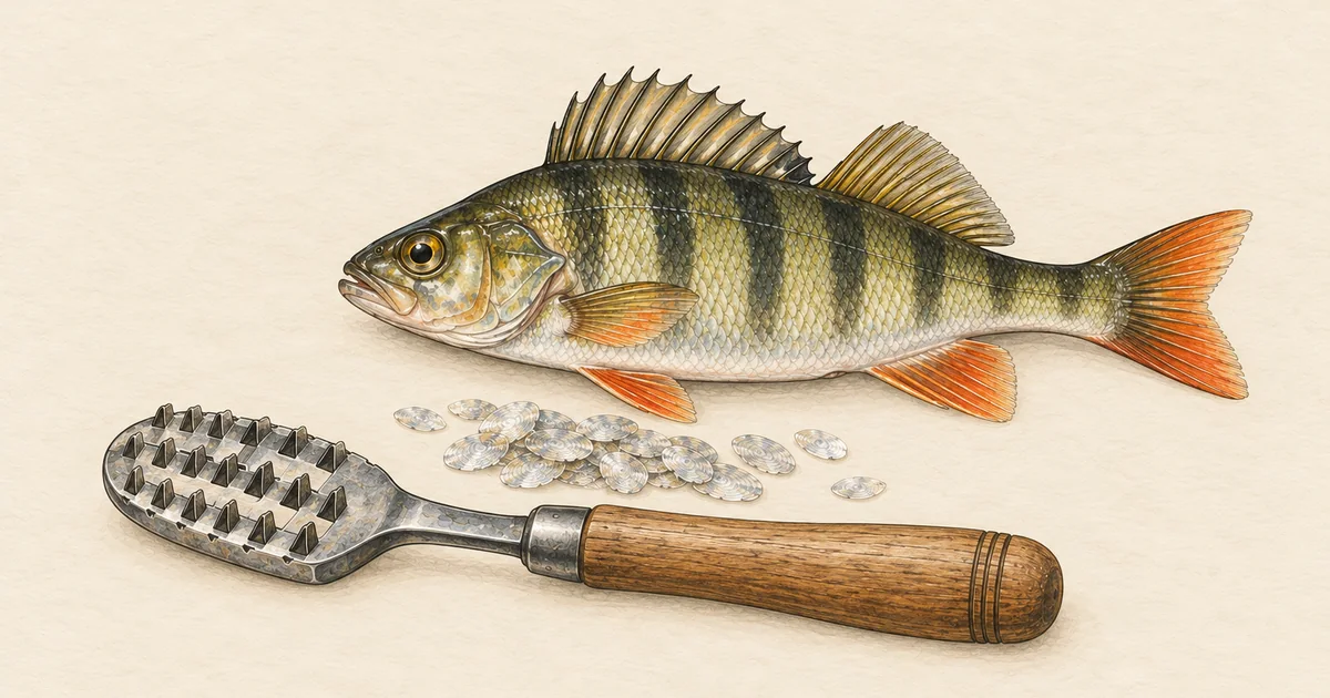 Fischentschupper mit gezahntem Kopf neben Schuppen und einem Flussbarsch