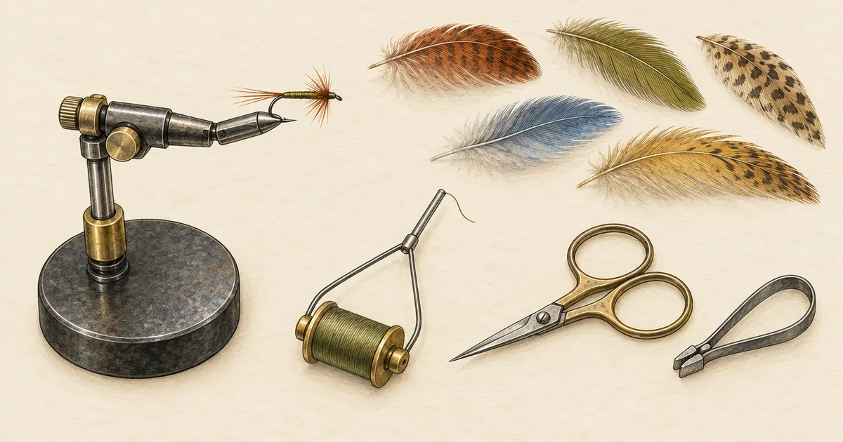 Bindestock mit halbfertiger Fliege, Bobbin, Schere, Hechelklemme und Federn