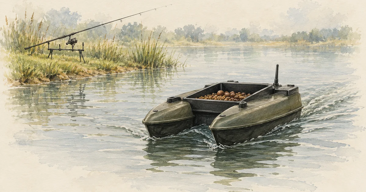 Ferngesteuertes Futterboot mit zwei Rümpfen auf einem ruhigen See