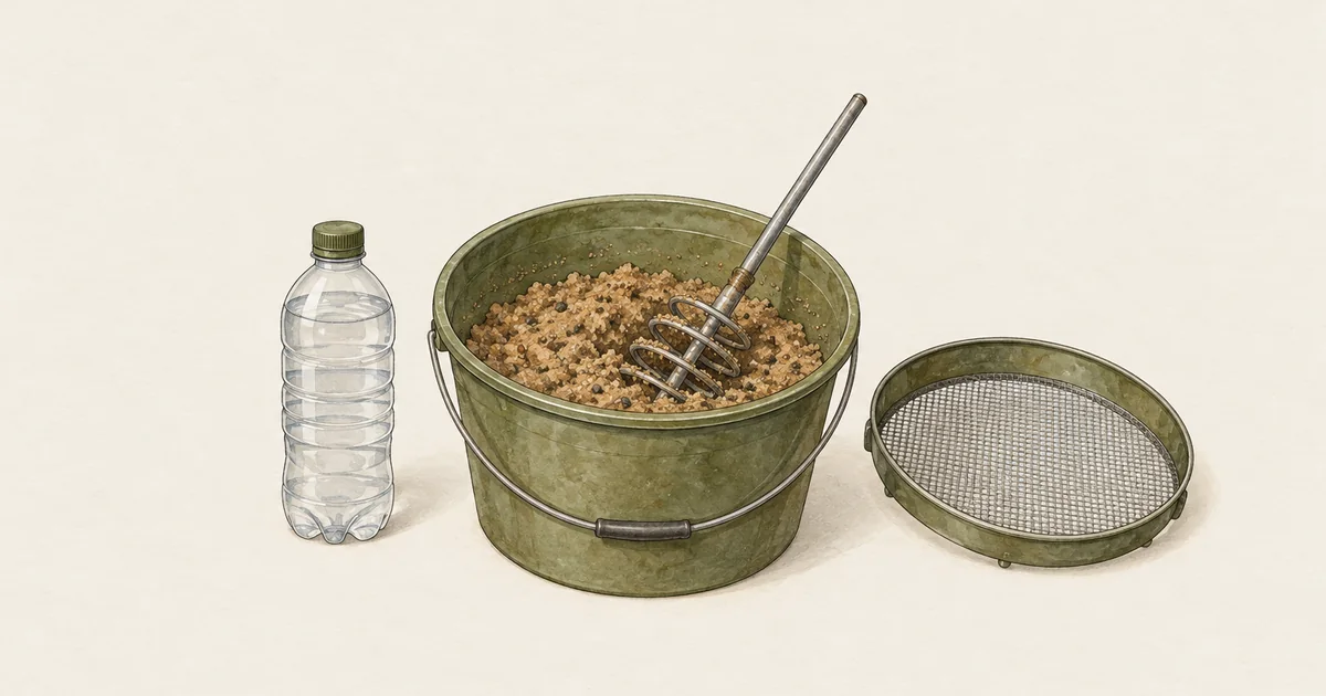 Futtereimer mit Grundfutter und Rührquirl, Wasserflasche und Futtersieb