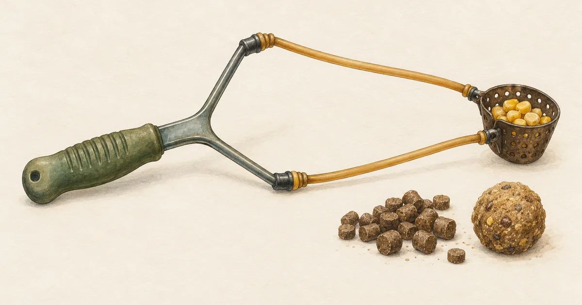 Futterschleuder mit Maiskörnern im Korb, Pellets und Futterball