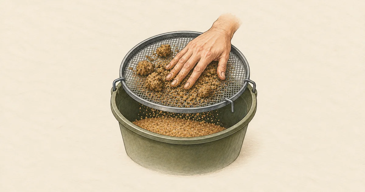 Futtersieb auf einem Eimer, eine Hand reibt Grundfutter durch