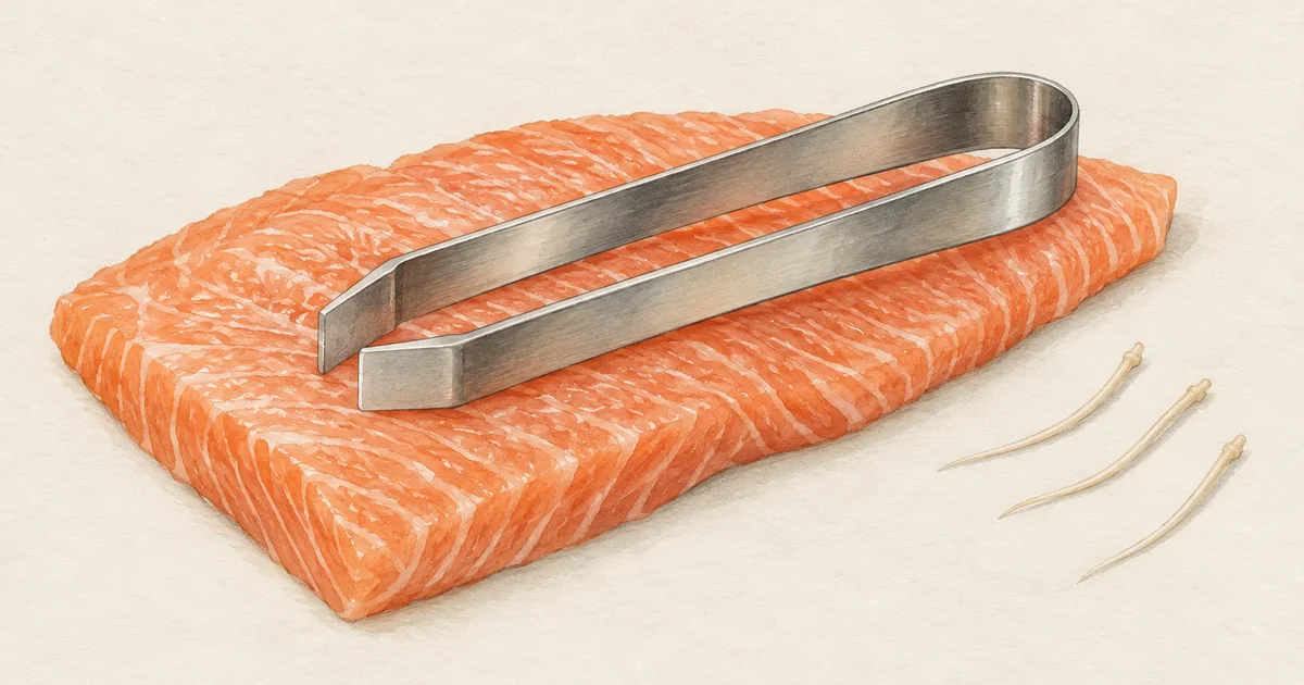 Grätenzange auf einem Lachsfilet, daneben gezogene Gräten