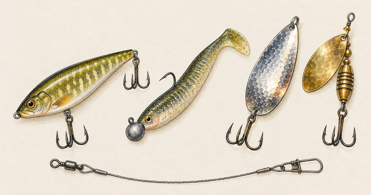 Jerkbait, großer Gummifisch, Blinker, Spinner und Stahlvorfach