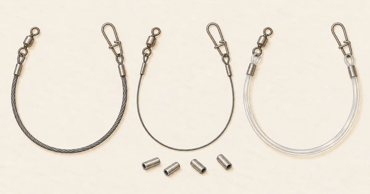 Stahl-, Titan- und Hardmono-Vorfach mit Wirbel, Karabiner und Quetschhülsen