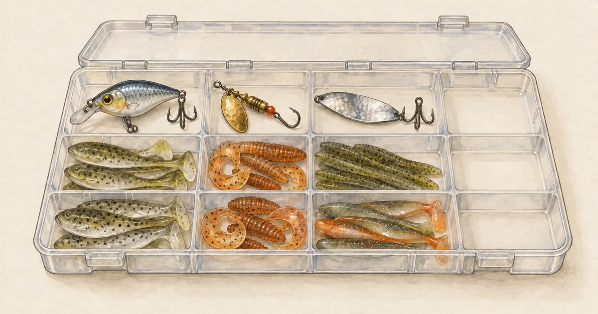 Geöffnete Köderbox mit Wobblern, Spinnern, Blinkern und Gummiködern