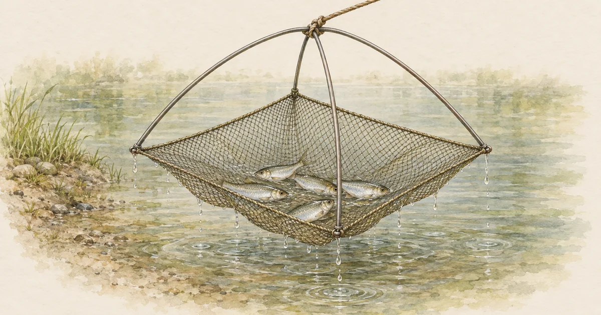 Quadratische Köderfischsenke mit gekreuzten Bügeln wird aus dem Wasser gehoben