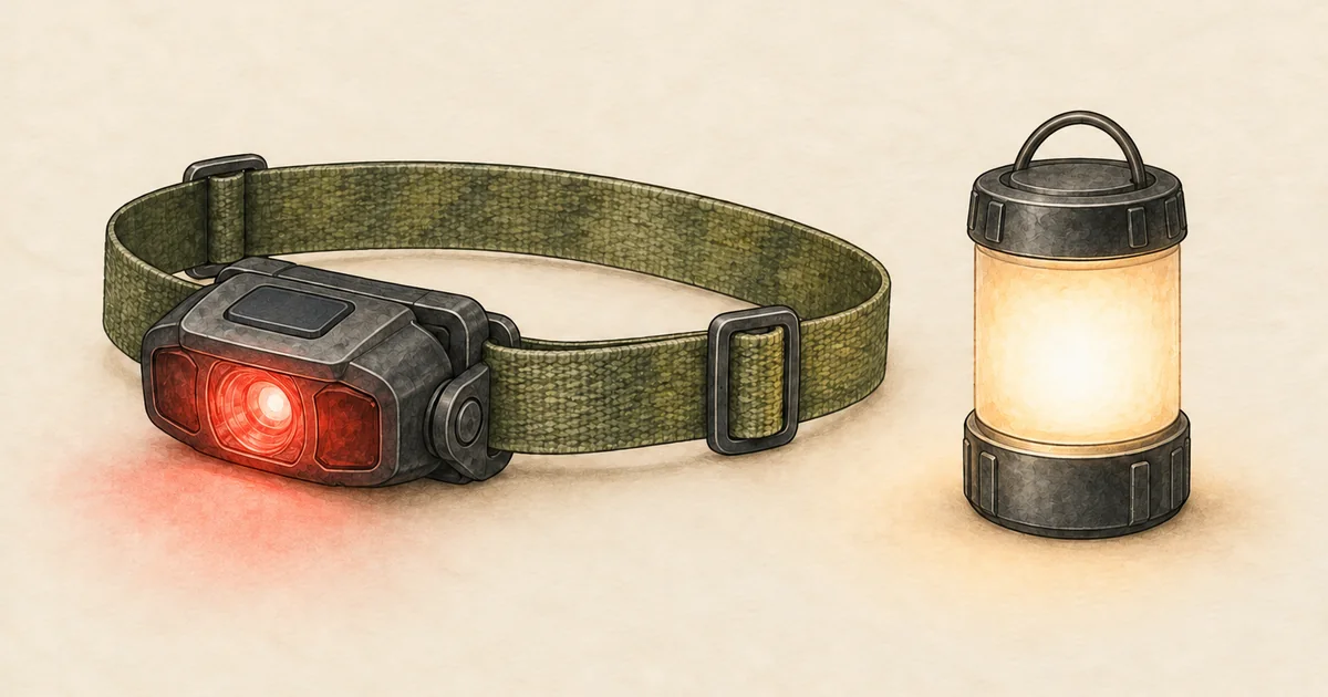 Kopflampe mit Rotlicht und kleine Zeltlampe