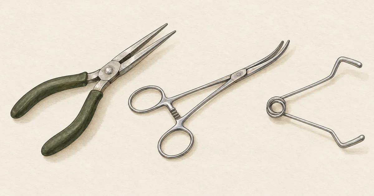 Lange Lösezange, gebogene Arterienklemme und Rachensperre