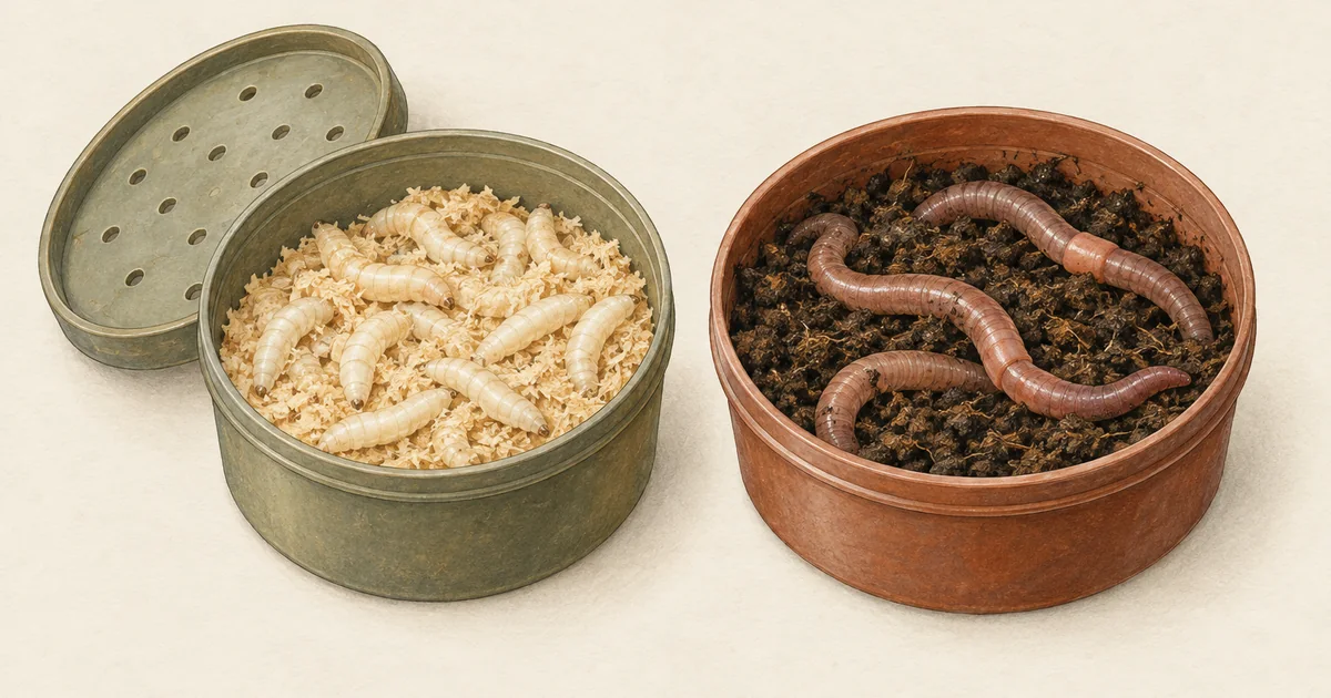 Madendose mit Maden in Sägespänen und Wurmdose mit Tauwürmern