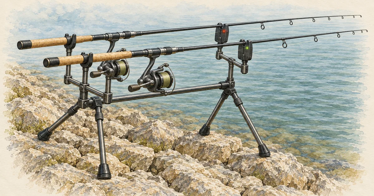 Rod Pod auf Steinpackung mit zwei Ruten