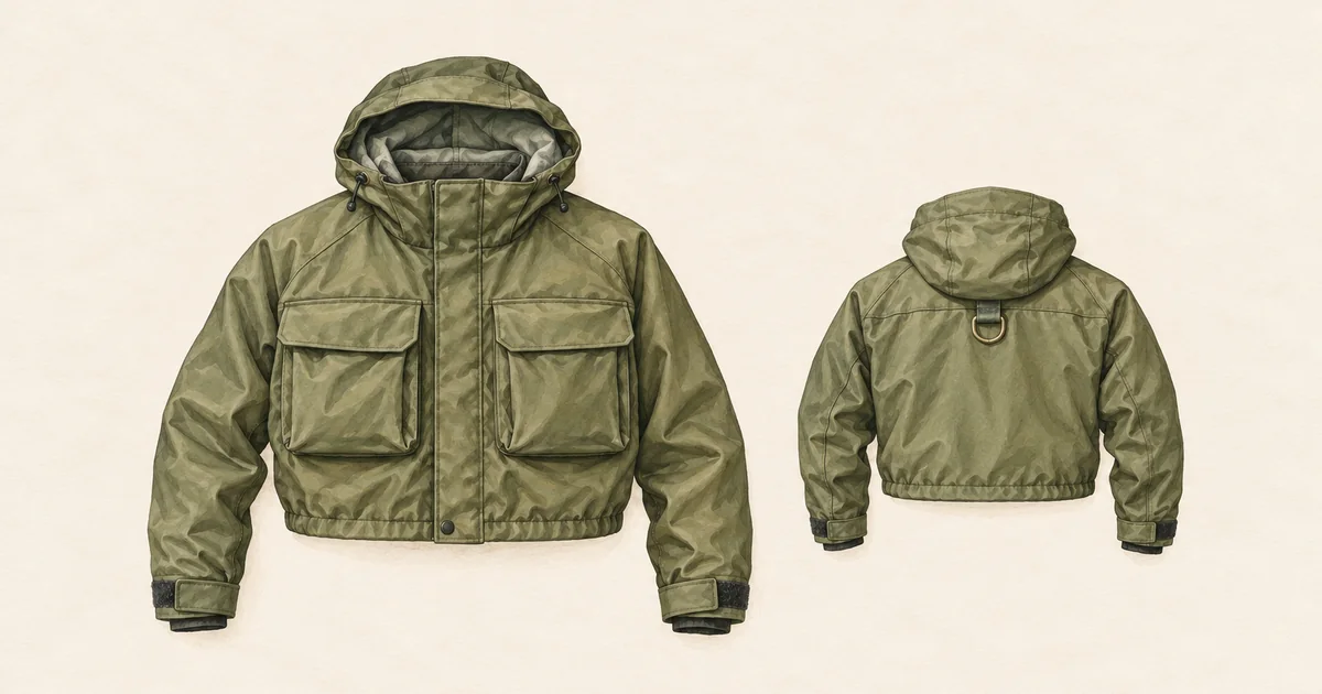 Kurze olivgrüne Watjacke mit Brusttaschen und Kescherring
