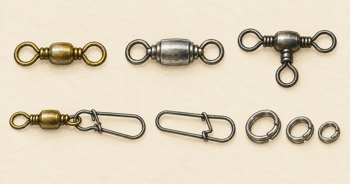 Verschiedene Wirbel, Karabiner und Sprengringe in Reihen