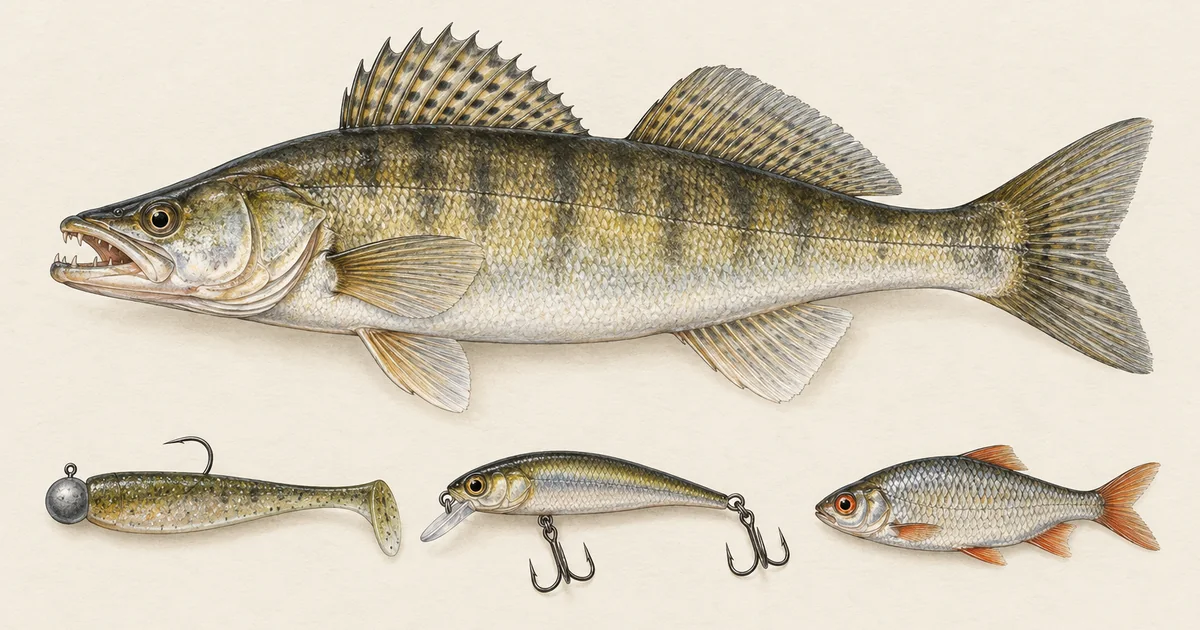 Gummifisch, Wobbler und Köderfisch, darüber ein Zander