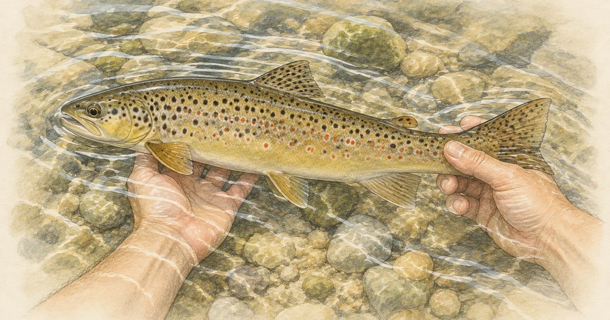 Zwei Hände halten eine Bachforelle waagerecht im flachen Wasser