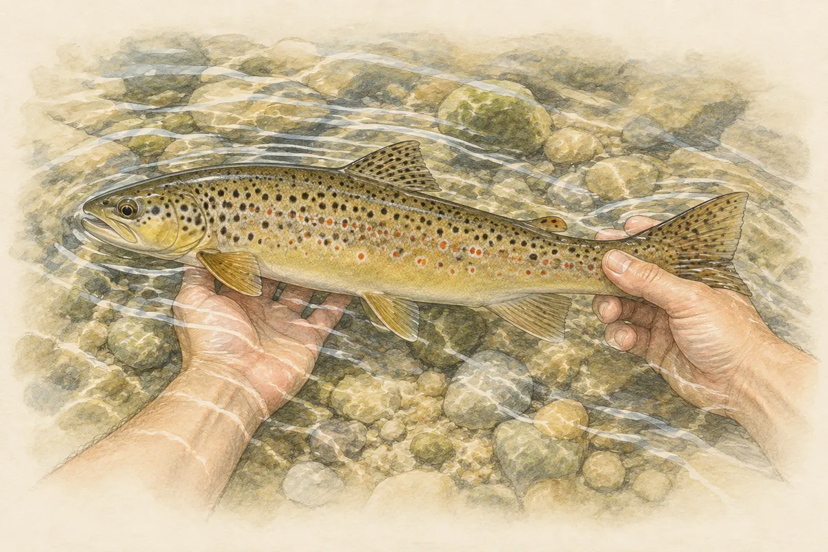 Zwei Hände halten eine Bachforelle waagerecht im flachen Wasser