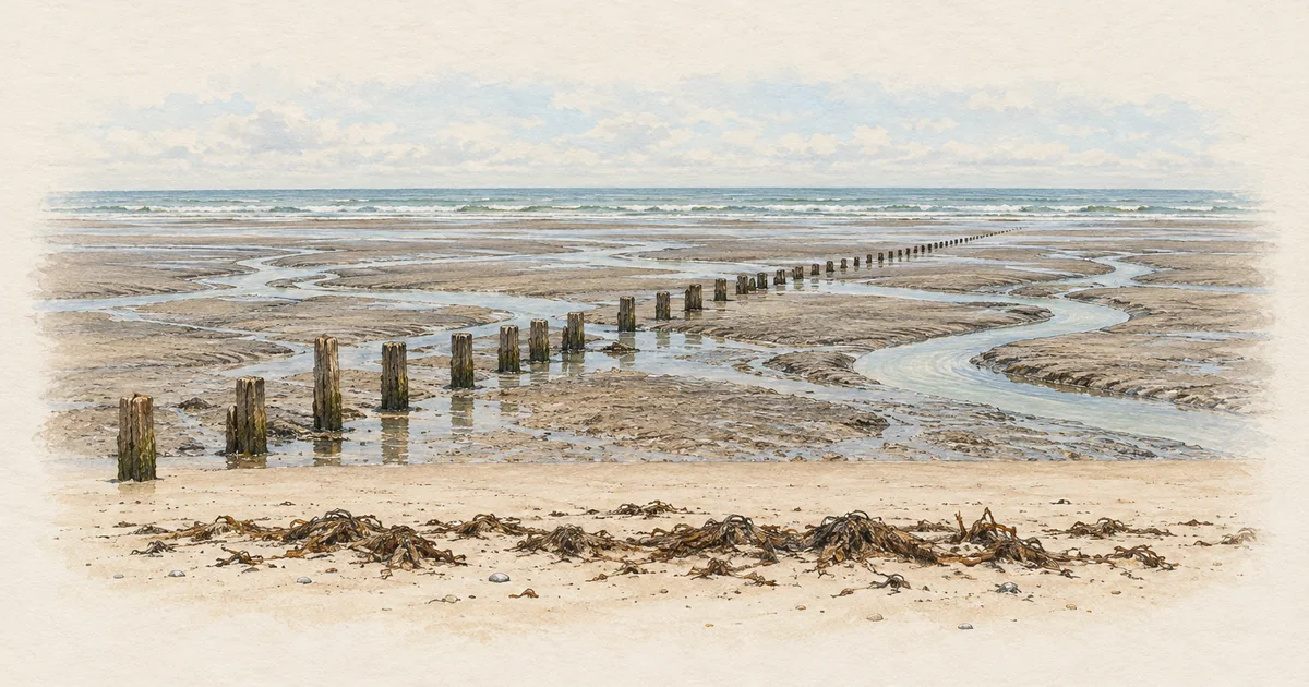 Watt bei Niedrigwasser mit Prielen, Buhnenpfählen und Tanglinie am Strand