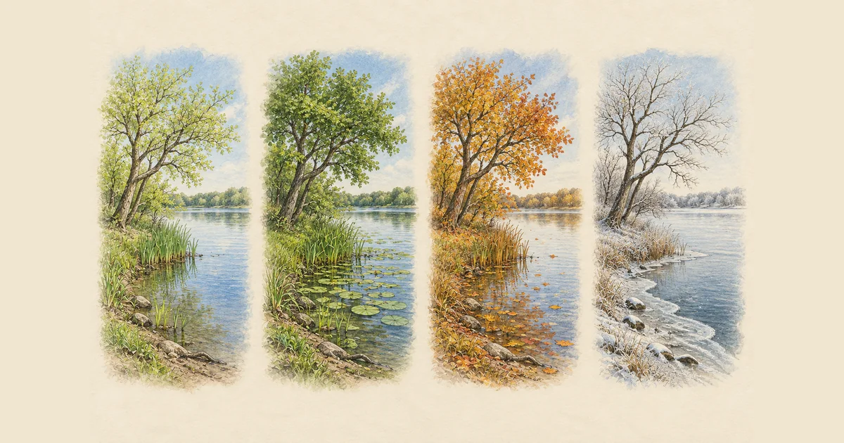 Derselbe Uferplatz im Frühling, Sommer, Herbst und Winter