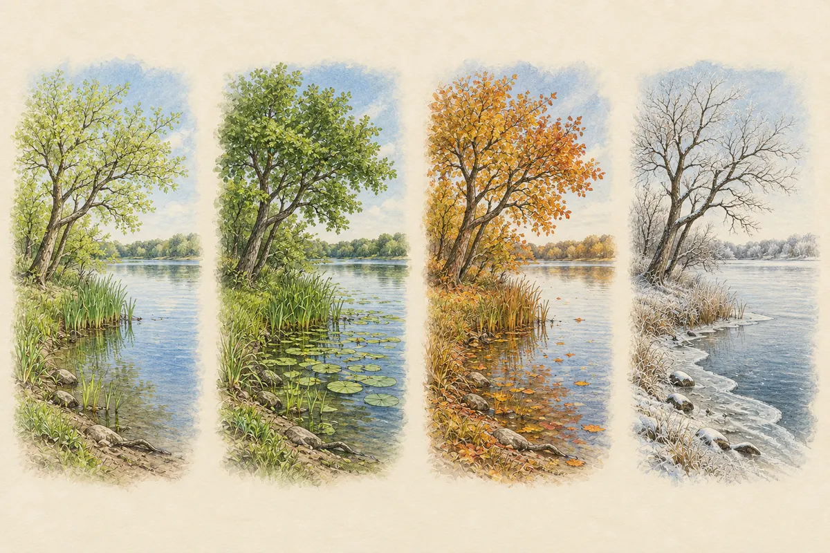 Derselbe Uferplatz im Frühling, Sommer, Herbst und Winter