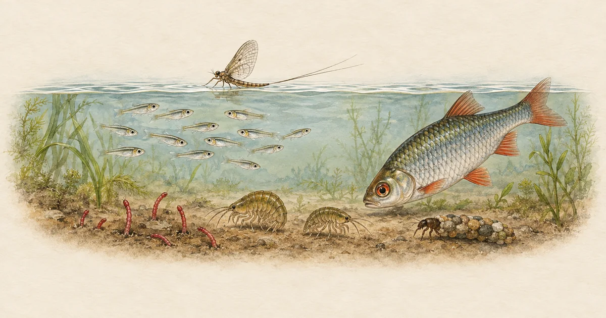 Halbschnitt durch einen Teich mit Insekten, Zuckmückenlarven, Flohkrebsen und Fischbrut
