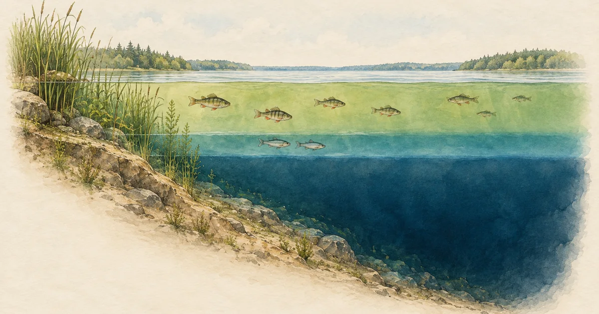 Querschnitt durch einen geschichteten See im Sommer, Fische nur in den oberen Schichten