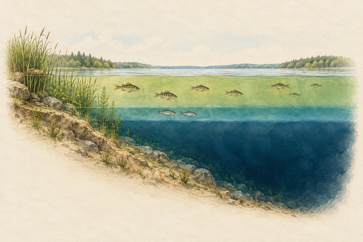 Querschnitt durch einen geschichteten See im Sommer, Fische nur in den oberen Schichten