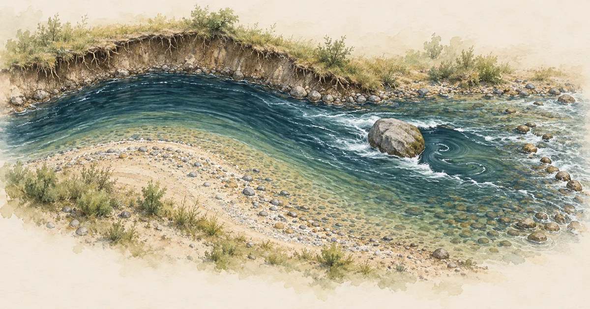 Flussbogen von oben mit Prallhang, Kiesbank, Kehrwasser und Strömungskante