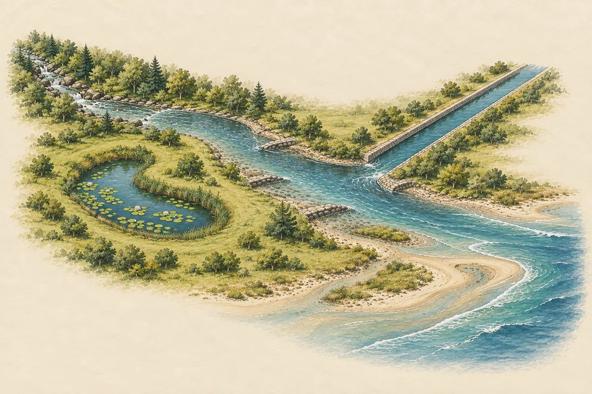 Wasserlauf vom Bach über Fluss, Altarm und Kanal bis zur Mündung ins Meer