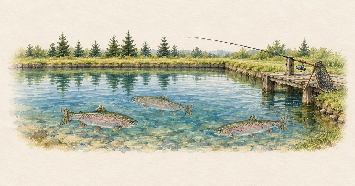 Forellenteich mit Holzsteg, Fichten und Regenbogenforellen im klaren Wasser