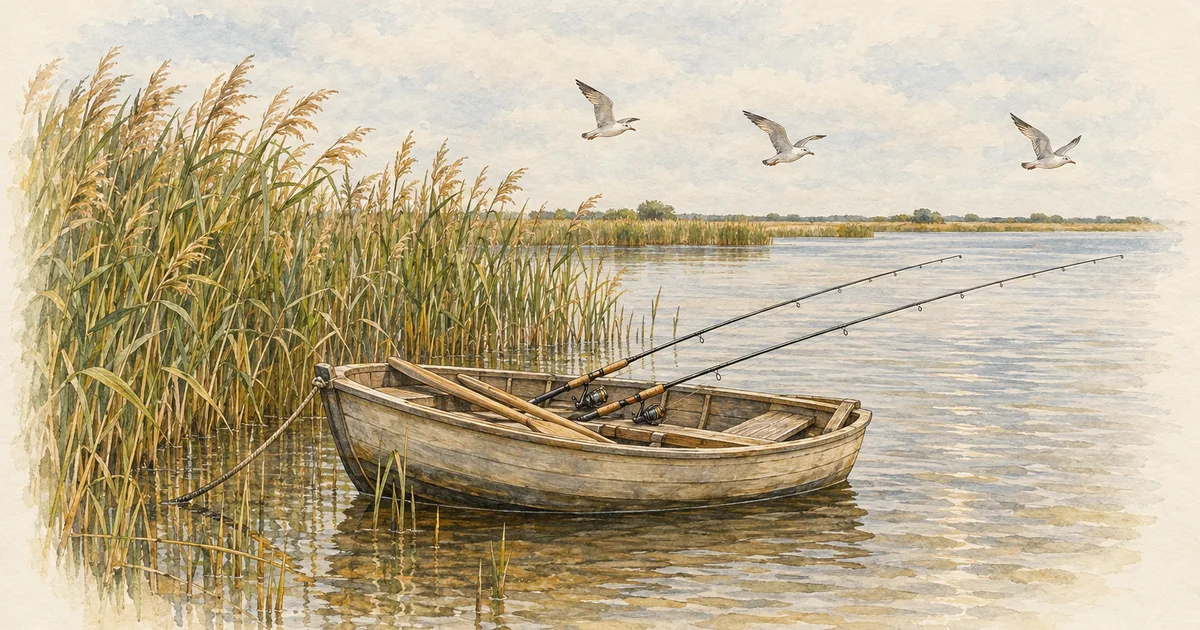 Flache Boddenlandschaft mit Schilf und einem verankerten Ruderboot