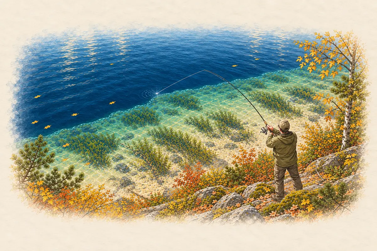 Klarer See von einem hohen Ufer aus: hellgrünes Flachwasser mit Kraut endet an einer scharfen Linie, dahinter beginnt dunkelblaues Tiefwasser; ein Angler wirft auf diese Kante