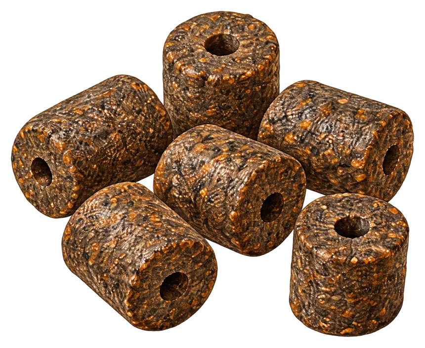 Dunkle Hakenpellets mit Bohrung