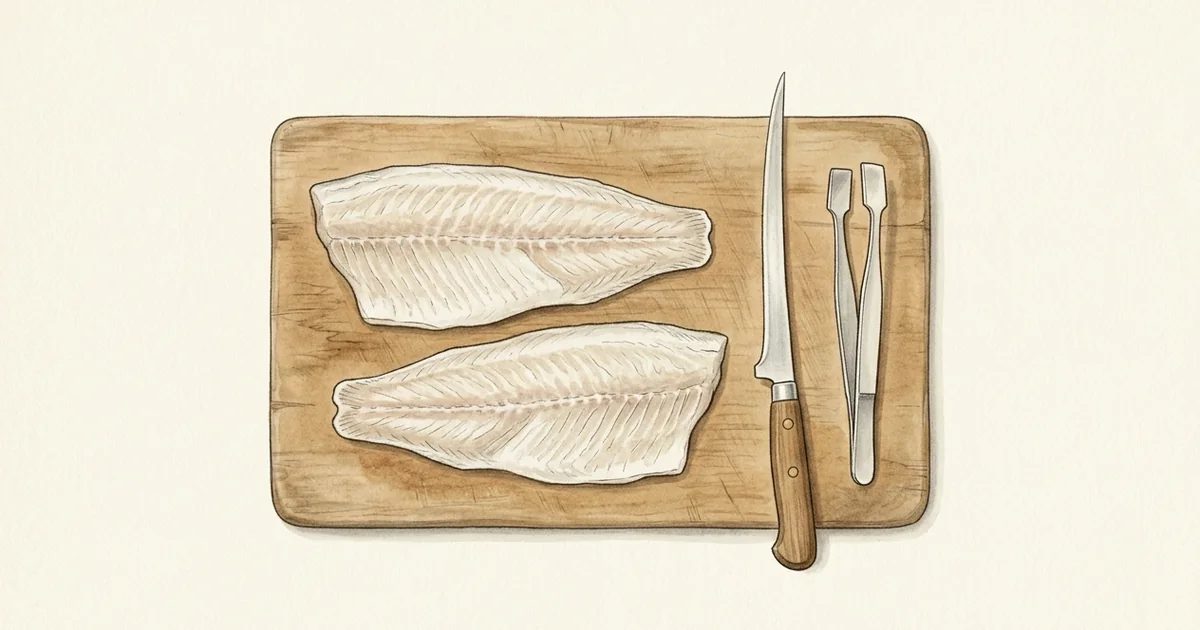 Zwei Fischfilets, Filetiermesser und Grätenzange auf einem Holzbrett