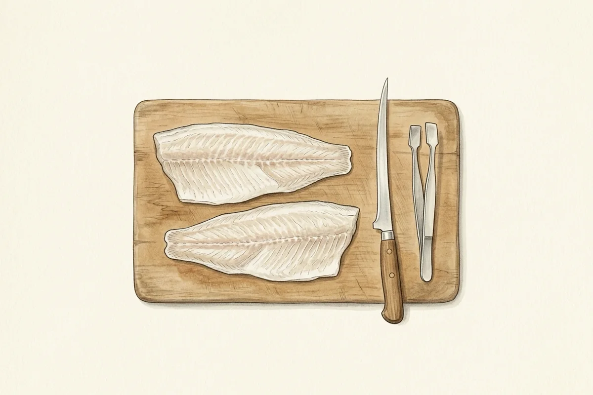 Zwei Fischfilets, Filetiermesser und Grätenzange auf einem Holzbrett