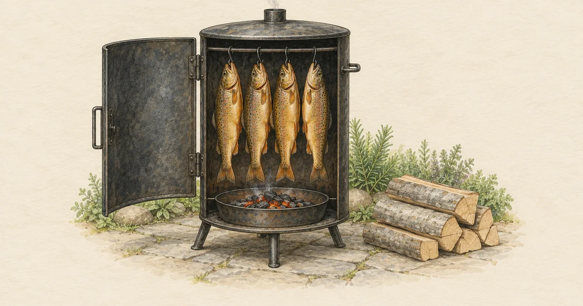 Offene Räuchertonne mit vier goldbraunen Forellen und glimmendem Holz