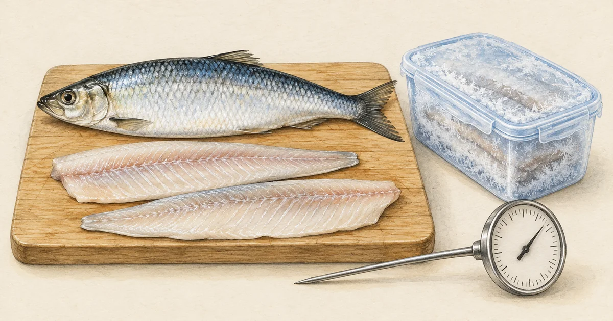Hering und Heringsfilets mit Gefrierdose und Einstechthermometer