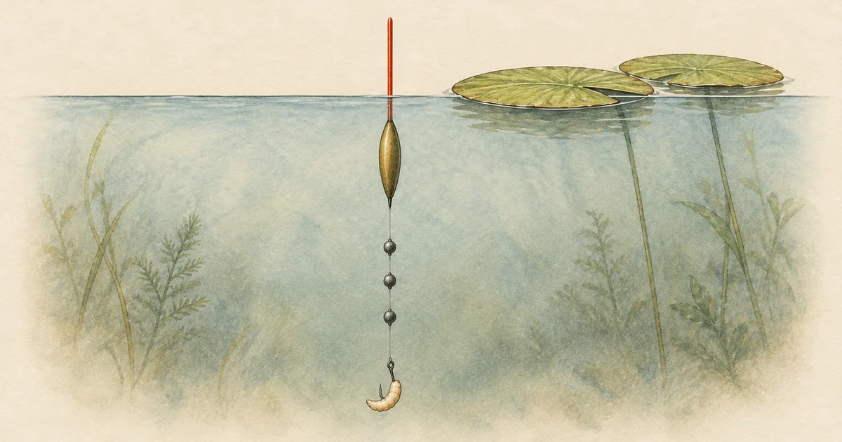 Pose an der Wasseroberfläche, darunter Schnur mit Bleischroten und Haken mit Made