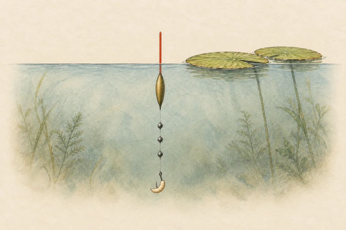 Pose an der Wasseroberfläche, darunter Schnur mit Bleischroten und Haken mit Made